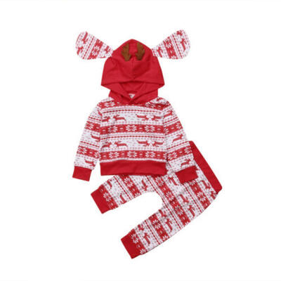 

Christmas Kid Baby Boy Girl Deer Hooded Tops T-shirt Pants Tracksuit Outfits Set