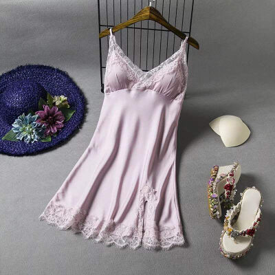 

Women Sexy Summer Sling Nightdress Lingerie Simulation Silk Lace Stitching Home Clothing