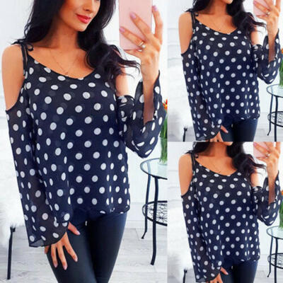 

New Fashion Women Polka Dot Print V Neck Blouse Cold Shoulder Casual T-Shirt Top