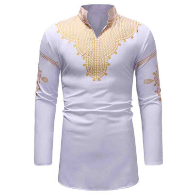 

Male Casual Style Long Sleeve Stand V Neck Printing Men Shirt