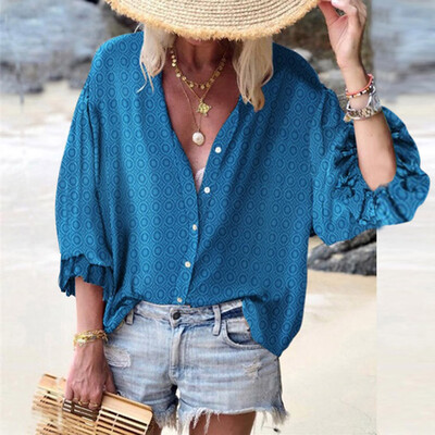 

Tailored Womens Fashion Style Lantern Sleeve Solid Color Printed Loose Buttoned Blouses