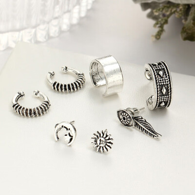 

Punk Style Silver Color Earring Sets Ethnic Ear Clip Stud Earrings For Women Feather Leaf Owl Earrings