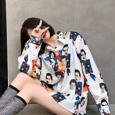 

Womens Interesting Cartoon Scientist Printed Turn-down Collar Casual Long Sleeve Loose Single Breasted blouse women