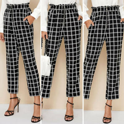 

Womens High Waist Plaid Check Casual Trousers Ladies Loose Wide Leg Long Pants