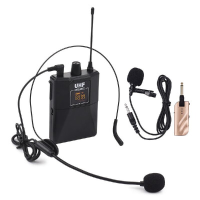 

UHF Dual-Frequency Wireless Microphones Set with 1 Receiver 1 Transmitter 1 Lavalier Mic 1 Headset Mic for Teaching Meeting Live P