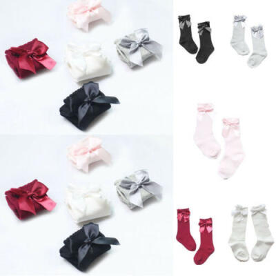 

US Toddler Baby Girls Knee High Stockings Cotton Bow Knee Tight Ribbon Socks Set