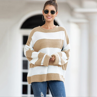 

Women Autumn Stylish Concise All-match Striped Loose Round Collar Long Sleeve Sweet Sweater