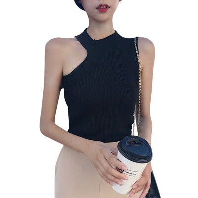 

Womens Summer Sleeveless Irregular Ruffles Tank Top Vintage Striped Solid Knitted Sports Tight T-Shirt