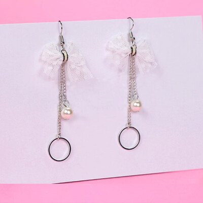 

Bowknot Earring Lace Long Immitation Pearl Earrings Girl Accessories Drop