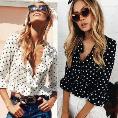 

Women Ladies V-Neck Polka Dot Casual Loose Chiffon Half Sleeve Shirt Blouse Tops