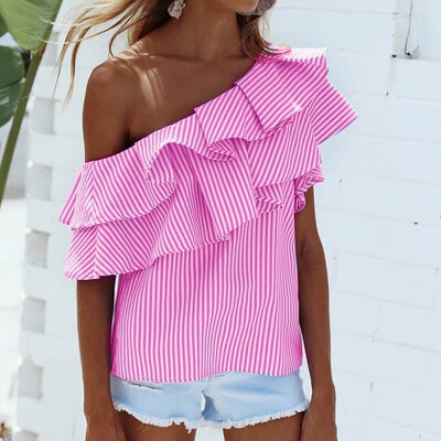 

Women Sweet Loose Off-The-Shoulder Backless Irregular Ruffled Striped Blouse Sexy Strapless Blouse