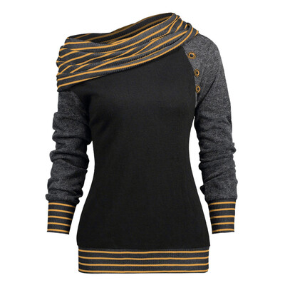 

Nomeni Fashion Women Skew Neck Long Sleeve Striped Patchwork Button Sweatshirt Top