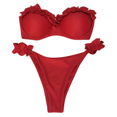 

Sexy Strapless Padded Underwire Ruffle Solid Color Low Waist Women Bikini Set