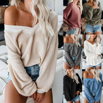 

Womens Loose Knitted Pullover Jumper Sweater V Neck Long Sleeve Knitwear Top US