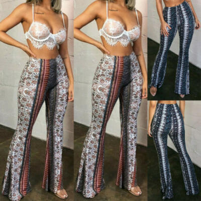 

US Womens Boho Hippie High Waist Printed Wide Leg Long Flared Bell Bottom Pants