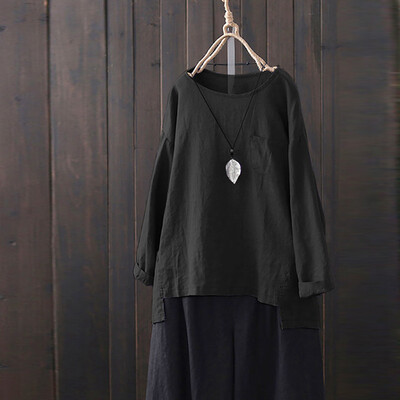 

Starmoon Women Casual Plus Size cotton linen Loose Full Sleeve Solid T-Shirt Blouse Top