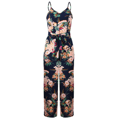

Printed V-Neck Women Long Romper Girl Spliting Waistband Backless Pants Playsuit
