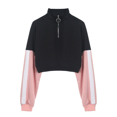 

Womens Patchwork Zip Up Ring Pullovers Women Casual Autumn Stand Collar Sweatshirt Ladies Sporty Long Sleeve Short Crop Tops