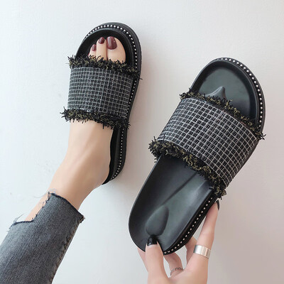 

Sandals women summer full drill muffin bottom toe word thick bottom drag lazy flat outdoor womens sandals