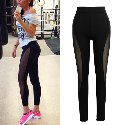 

New Women Sport Yoga Leggings Sheer Mesh Splice Stretch Fitness Gym Running Bodycon Pants Black