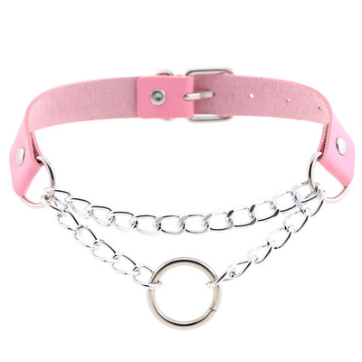 

Women Men Punk Exaggerated Handmade Chain Choker Necklace O Round Metal Leather Collar Bondage Harness Necklace