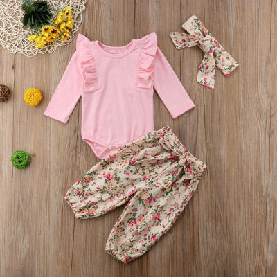 

Sweet Newborn Baby Girls Pink Ruffle Long Sleeve Bodysuit Tops Flowers Pants Headband 3Pcs Outfits Clothes 0-18Months