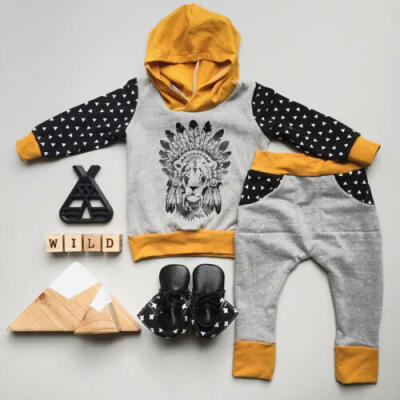 

AU Lion Newborn Baby Kids Boys Hooded TopsLong Pants 2pcs Clothes Outfits Sets