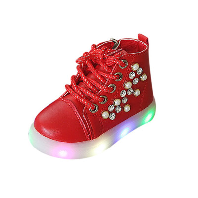 

Children Baby Girls Pearl Crystal Led Light Luminous Running Sport Boots Shoes