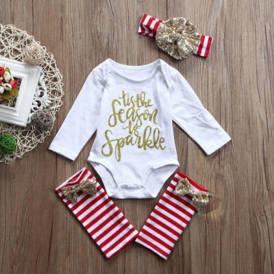 

Xmas Kid Baby Girl Clothes Jumpsuit Romper Bodysuit Leggings Headband Outfit Set