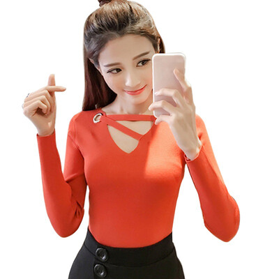 

2018 New Sexy V-Neck Hollow Out Sweater Women Pullover Casual Slim Bottoming Sweaters Female Fashion Solid Long Sleeve Tops