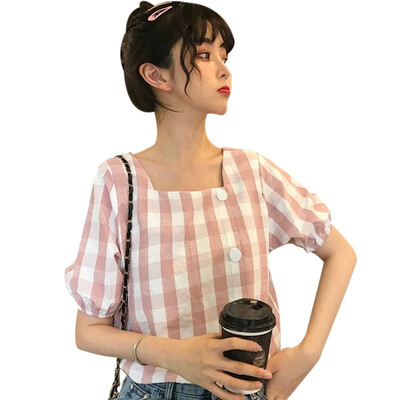 

women top Casual blouses Simple Loose Square Collar Short Sleeve Plaid Print Buttons Basic Blouse