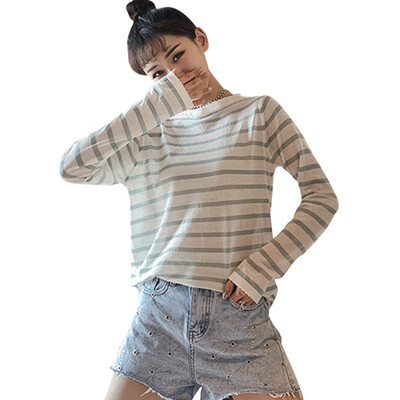 

Women Round Neck Korean Style T Shirt Harajuku Top Long Sleeved Striped Tops female Tshirt Summer Casual Tops