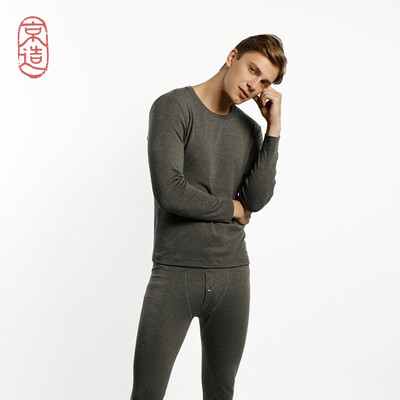 

JZAO mens thermal underwear wool thickening autumn clothes long pants warm set dark gray round neck XL code