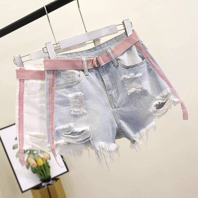 

Women Solid Color High Waist Slim Casual Shorts Elastic Waist Summer Loose Hole Hot Denim Shorts
