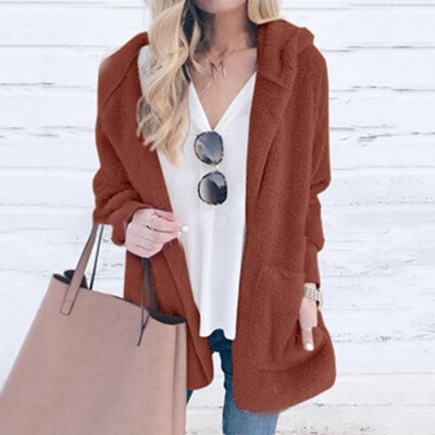 

Autumn Winter Women Fashion Casual Solid color Plush Hooded Long sleeve Cardigan coat