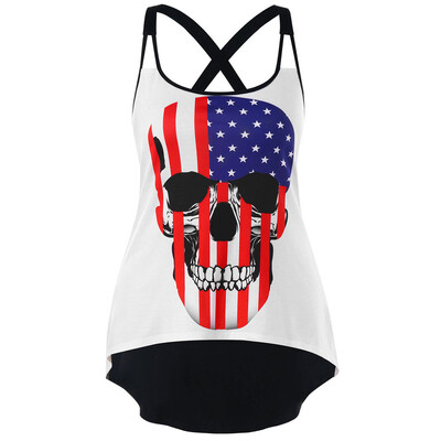 

Nomeni Women Plus Size O-neck Flag Printed Cross Strap Stitching Shirt T-shirt