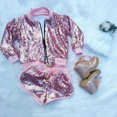 

Sequins Toddler Kids Baby Girls Outfits Clothes 2PCS Cardigan JacketShorts Sets