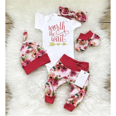 

Newborn Baby Girls Worth the Wait Tops Romper Pants Floral Coming Home Outfits