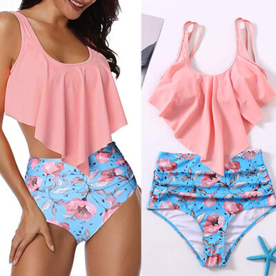 

Roseonmyhand Women Two Piece Plus Size Sexy Backless Halter Beach Printed Swimwear Set