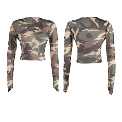 

Women Crop Tops Casual Long Sleeve Camo T-shirt See-through Mesh Slim Tee