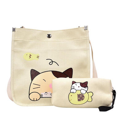 

2pcsset Women Canvas Cartoon Cat Print Shoulder Crossbody Handbags Pen Bag