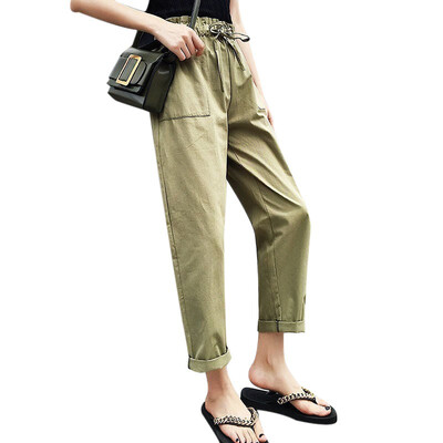 

Korean Style Elastic High Waist Solid Casual Pockets Cargo Pants