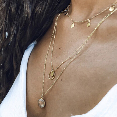 

Exquisite Women Necklaces Round Circle Crystal Pendant Clavicle Chain Multilayer Gold Long Necklace Set Engagement Party Jewelry