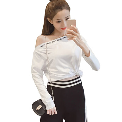 

Female T-Shirt Off Shoulder Slash Neck Sexy Top Long Sleeve Womens T-shirts