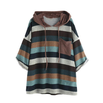 

Women Spring Stripe Pullovers Tops 34 Sleeves Casual Loose Pocket Hoodies