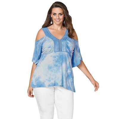 

V-neck short-sleeved tie-dye stitching lace Plus Size casual top