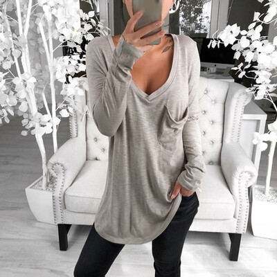

Womens Casual Solid V Neck Blouse Long Sleeve Pocket Plus Size Loose Tops Shirt