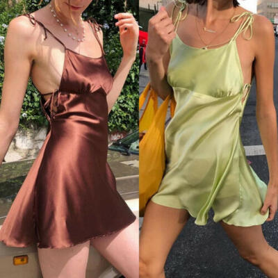 

Sexy Women Summer Beach Solid Short Mini Dress Sleeveless Sling Sundress Dresses