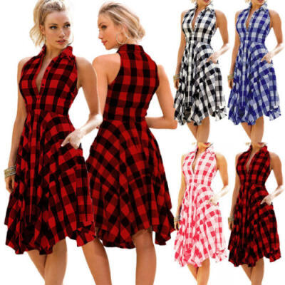 

Women Summer Casual Party Cocktail Pleated Dress Sleeveless OL Plaid Shirt Dress