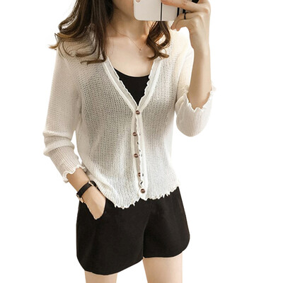 

Top Women Wooden Ear V-Neck Cropped Sleeve Thin Short Openwork Knit Sunscreen Blouse Air Conditioning Shirt Coat Top